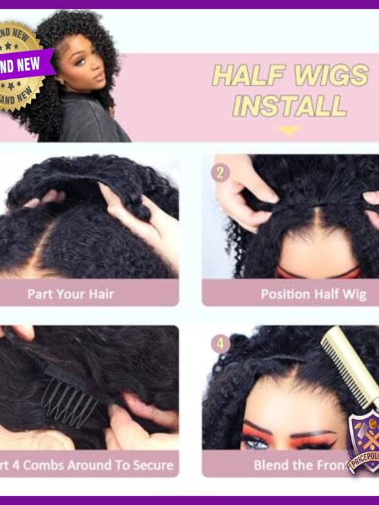 Human Hair Half Wig 20 Inch Glueless Kinky Curly 250% Density Beginner Friendly